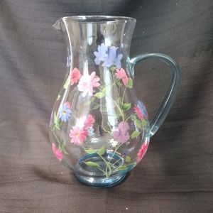 Vintage Stenciled Glass Pitcher with Floral Design Unique Flower Glass Bowl